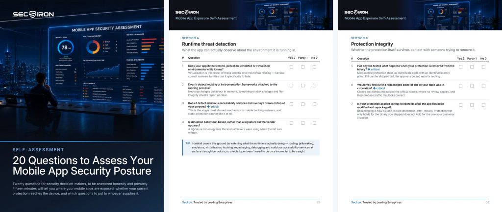Three pages from the SecIron mobile app security self-assessment