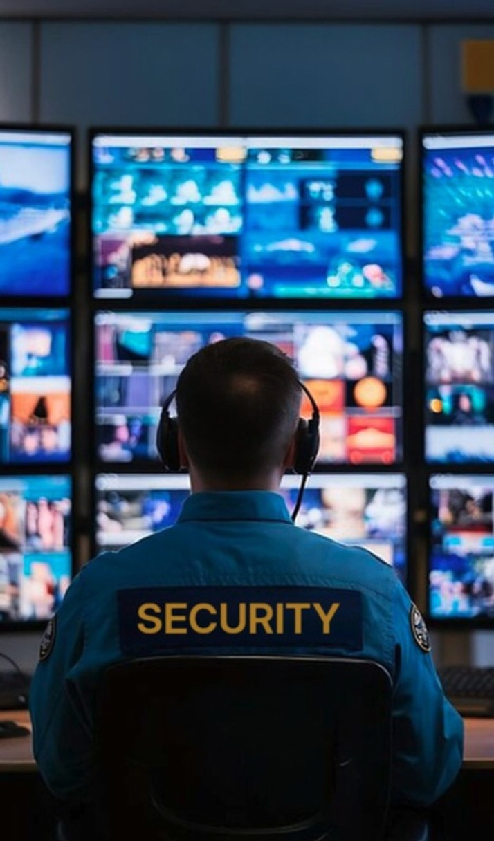 Security analyst monitoring a wall of screens